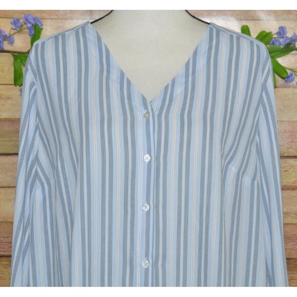 Tahari Ladies Blue Striped Button Front V-Neck Blouse XL Long Bell Sleeves Tunic - Picture 2 of 12